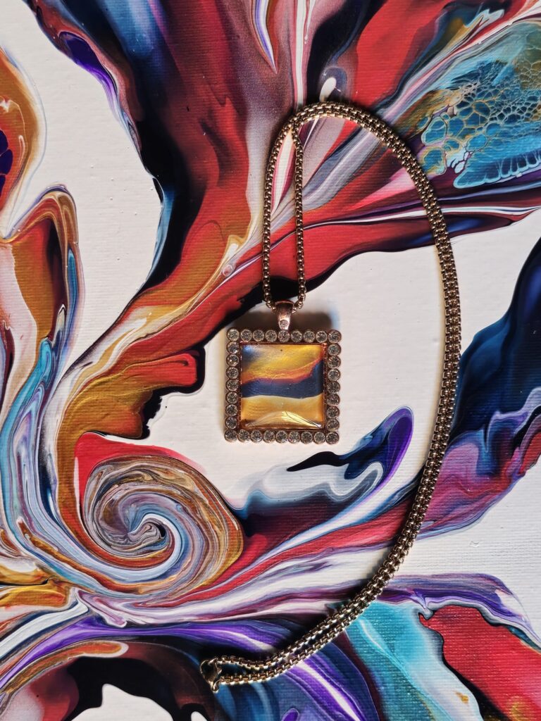 Catena in acciaio golden rose 60 cm pendente in lega quadrato con strass cabochon vetro 25mm acrilico oro blu arancio iridescenti