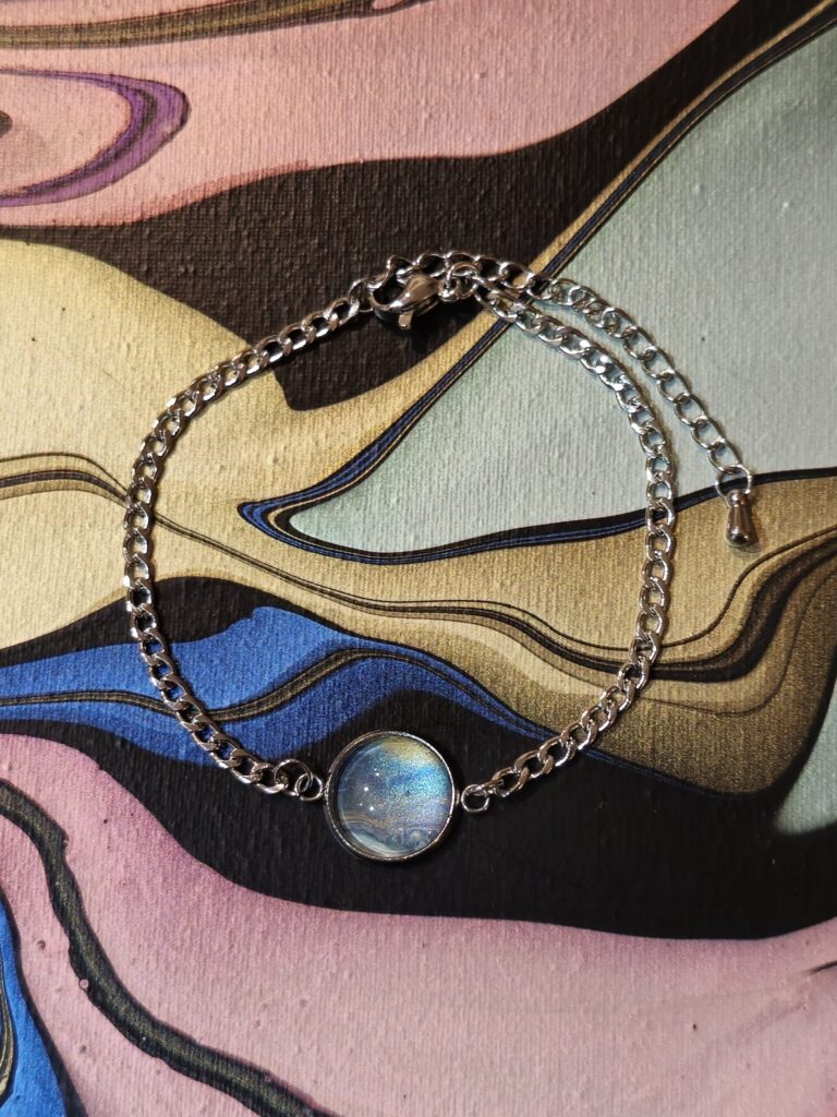 Bracciale in acciaio inossidabile con cabochon rotondo in vetro 14mm e vernice acrilica turchese blu viola oro iridescente