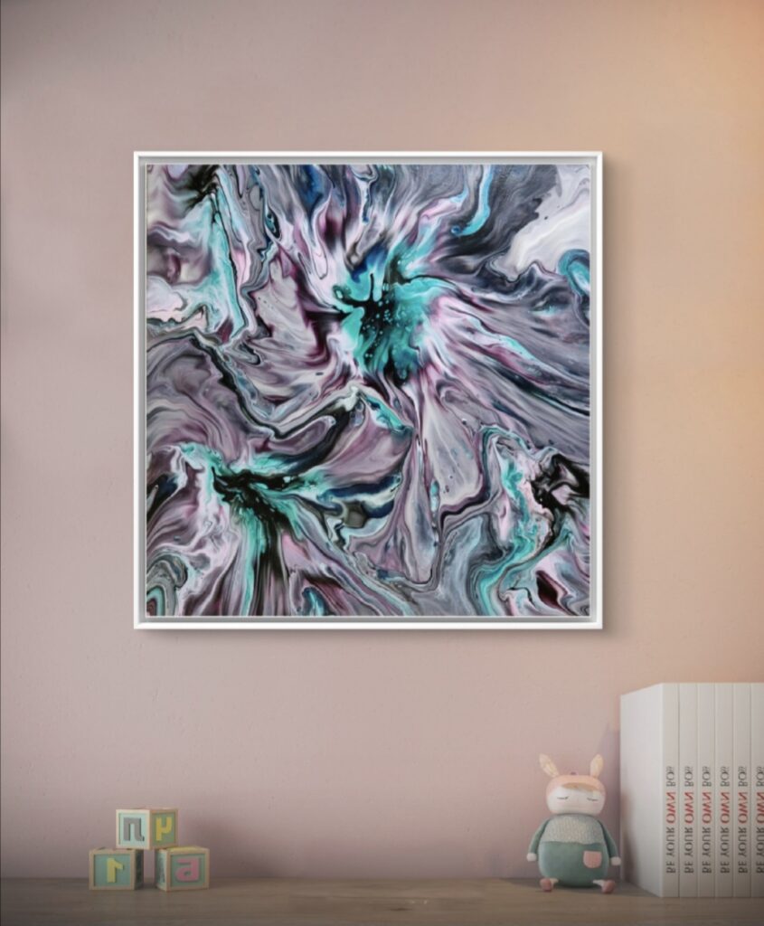 Opera Nebula - 40x40 acrilico su tela fluid art - astratto - colori turchese magenta grigio bianco -artista AmarAnto Arte