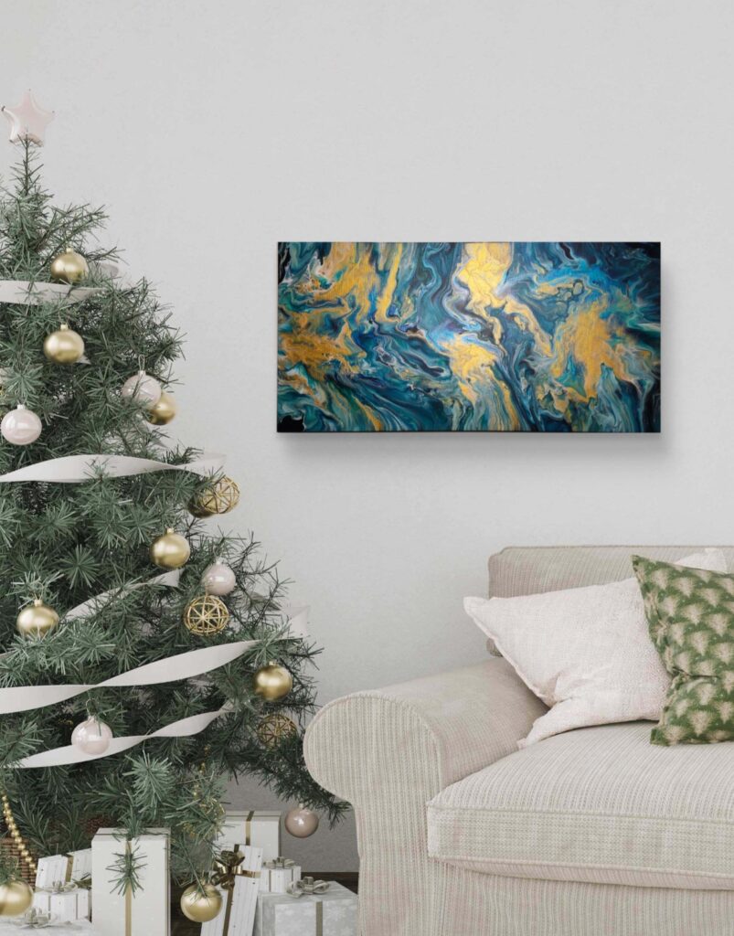 Oro_dinverno_-acriclico_su_tela_-_40x80cm_-_artista_AmarAnto_Arte - colori turchese blu, con venature oro - celebra il Natale