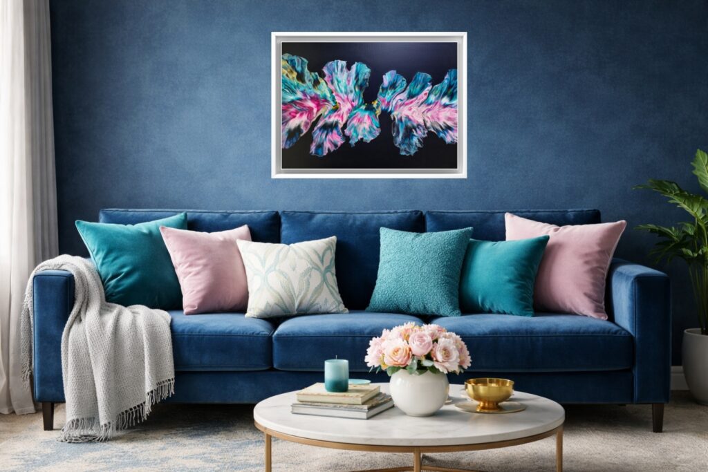 Danza nella Notte - acrilico su tela - 50x50 Un vortice di colori turchese, rosa oro argento su fondo blu notte - artista AmarAnto Arte