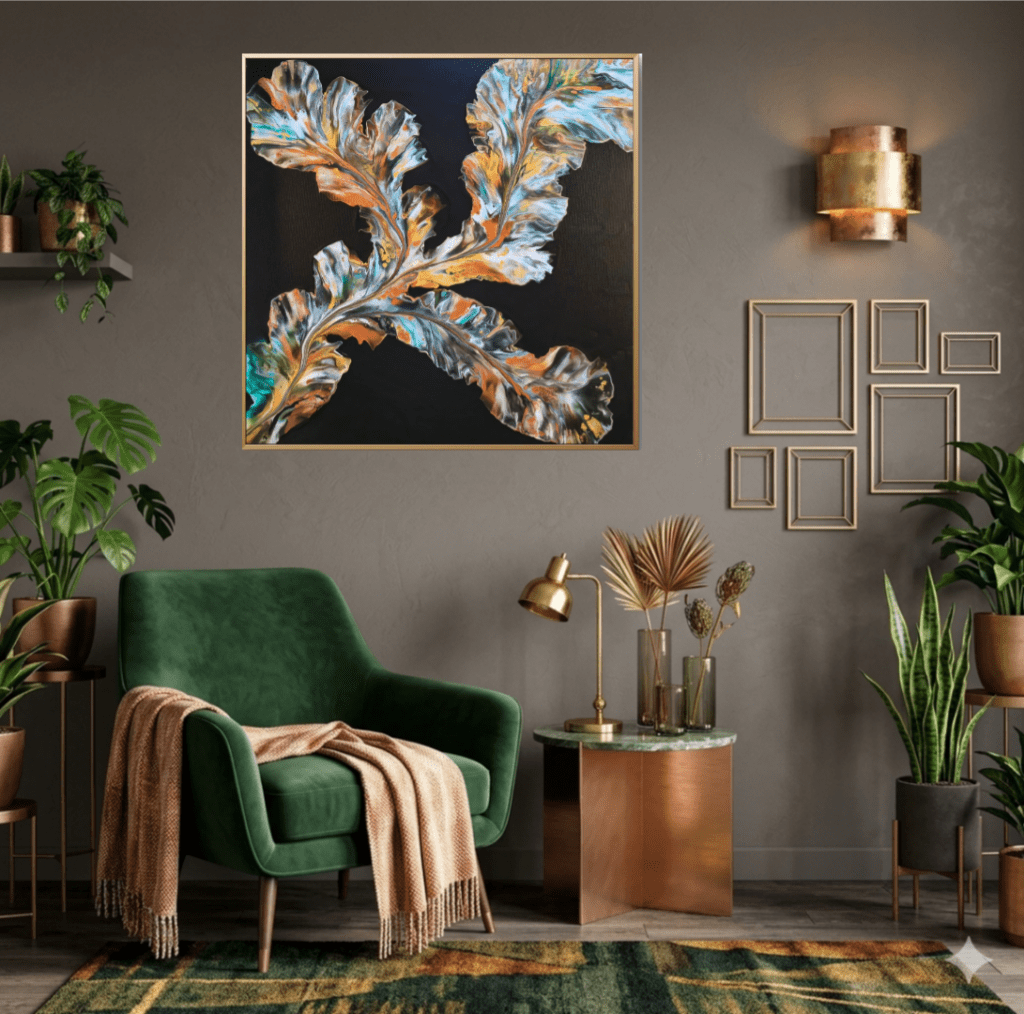 Opera fluid art_ titolo Metamorfosi_autore AmarAnto Arte_base verde scuro colori rame oro bianco verde