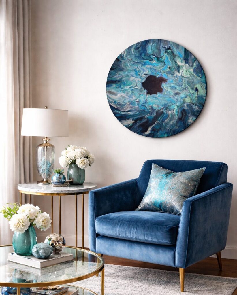 Attrazione acrilico su tela-fluid art- diametro 50cm-al centro un buco blu profondo attira l'attenzione in un turbinio di colori turchese,argento, azzurro, blu iridescente-autore AmarAnto Arte